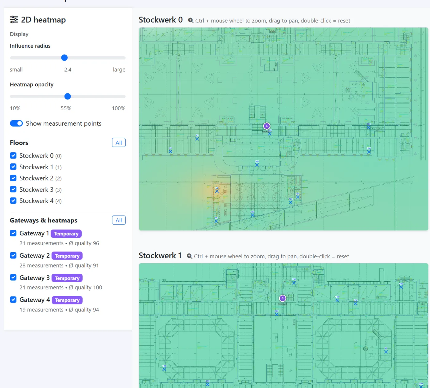 2D coverage heatmap across all floors